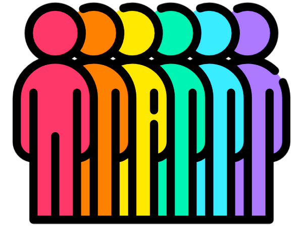 Werte-Icon - Gemeinschaft Bunte stilisierte Figuren in Reihenform, die Vielfalt und Gemeinschaft symbolisieren.