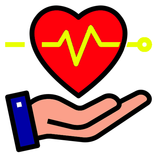 Werte-Icon - Fürsorge Ein rotes Herz mit einem EKG-Signal, das in einer offenen Hand liegt und von dieser geschützt wird. Es symbolisiert medizinische Fürsorge.