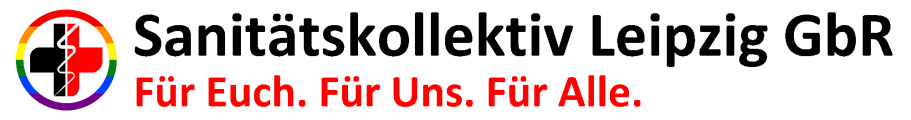 Links befindet sich das SKL-Logo. Rechts daovn steht der Name "Sanitätskollektiv Leipzig" und darunter das Motto des SKL "Für Euch. Für Uns. Für Alle.". Es ist der Banner der Website und steht neben der Navigationsleiste.
