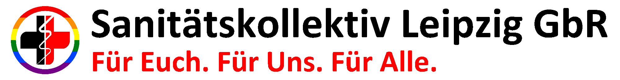 Logo des Sanitätskollektiv Leipzig mit rot-schwarzem Kreuz und dem Slogan „Für Euch. Für Uns. Für Alle.“
