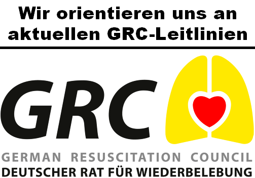 GRC (German Resucitation Council) Logo des GRC (Deutscher Rat für Wiederbelebung) und dem Hinweis "Wir orientieren uns an aktuellen GRC-Leitlinien".